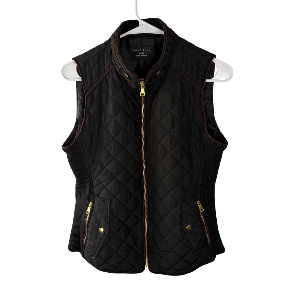 Love Tree Womens Quilted Puffer Vest Black Gold Zip Brown Trim Small Lightweight